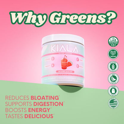 Kiala Nutrition Super Greens, Organic Greens Powder with Spirulina & Chlorella for Digestion, Gut Health, Immunity & Energy, Vegan, Watermelon Slush