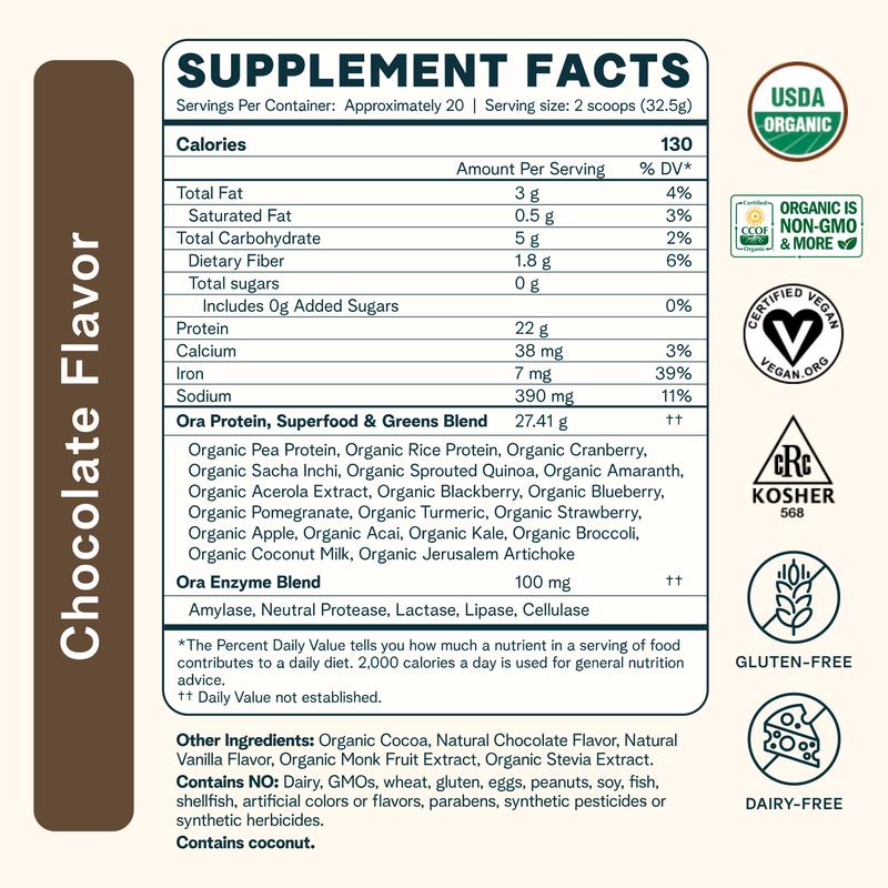 Vegan Protein Powder - 23 Grams of Plant Protein with Full Amino Acid Profile - Chef-designed Flavor | Organic, Non-GMO, Third-party Tested | Stevia-free, No Artificial Sweeteners | Dietary Supplement For Fitness by Ora Organic